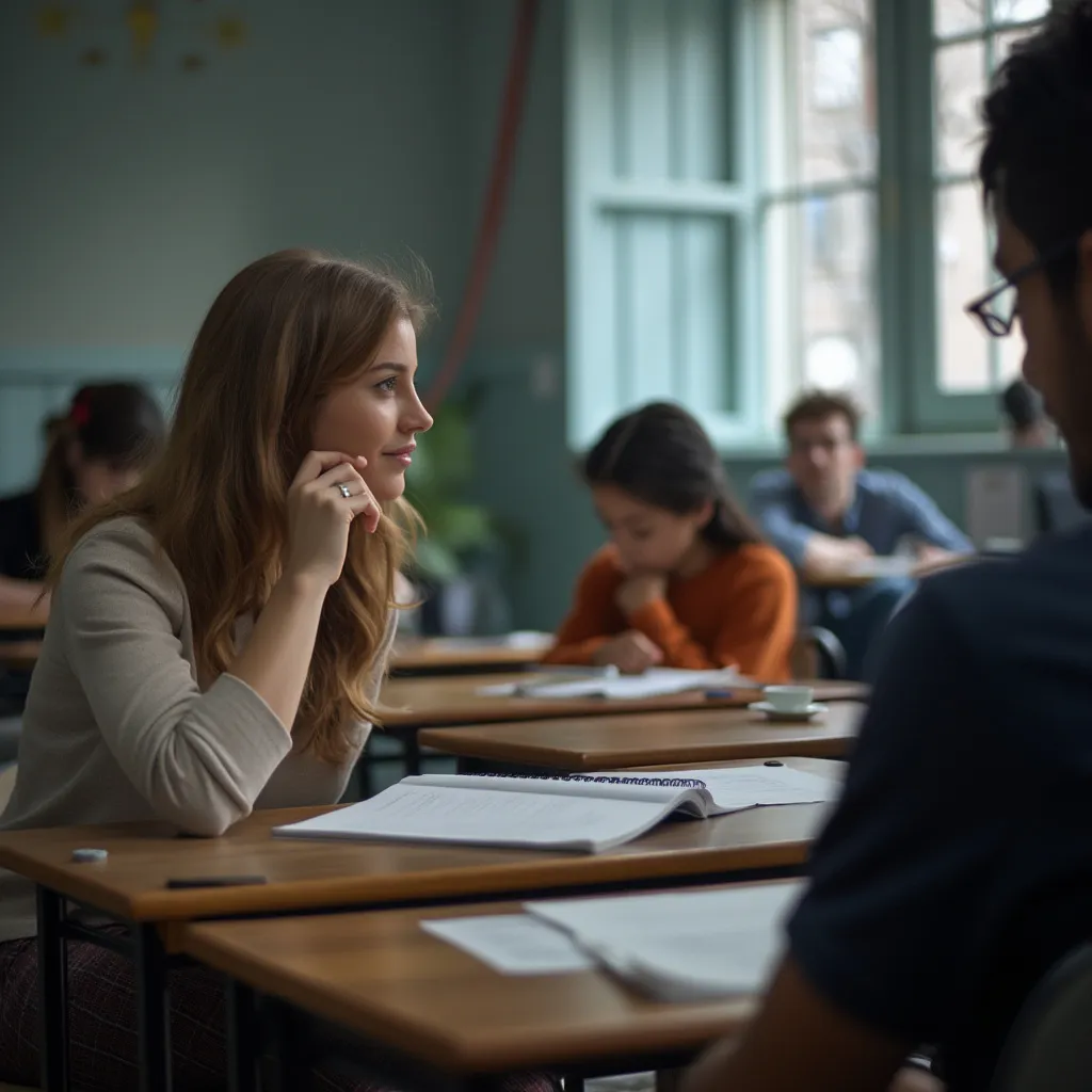 Profesores y estudiantes en aula retro